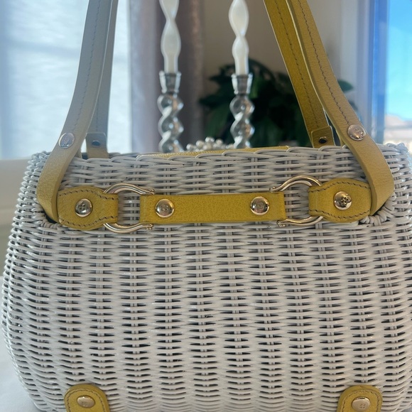 Vintage Kate Spade Raleigh Wicker Satchel Bag White Yellow Leather Trim - Picture 2 of 9